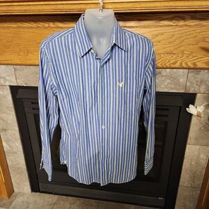 American Eagle Button Down Shirt Mens L Blue Green White Striped Long Sleeve